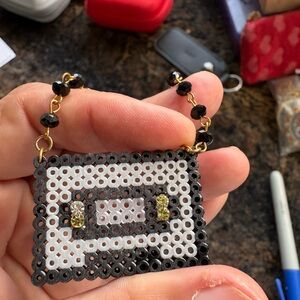 Beaded Cassette Tape Necklace pearler beads. Fuse beads on a handmade glass bead